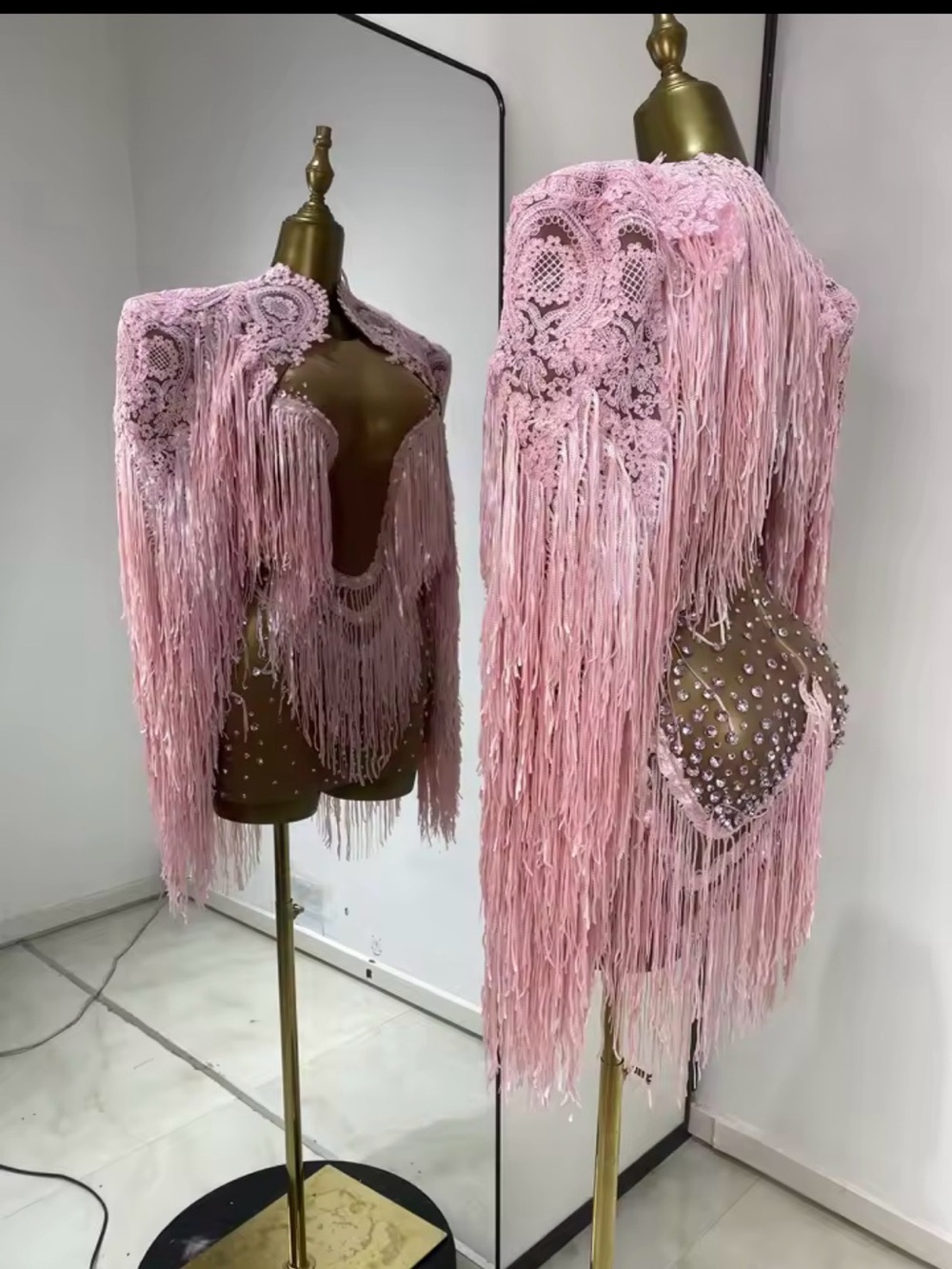 Pink Fringe Lace Rhinestone Bolero Jacket